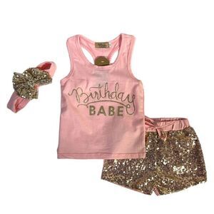 Catpapa Girls 3 Piece Shorts Tank Set Pink Gold Sequin Birthday Babe 12-18 M New